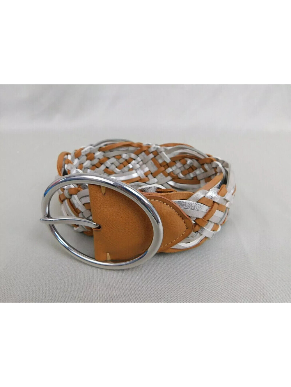 INC International Concepts Womens Braided Woven Belt Metallic Brown/Silver Large